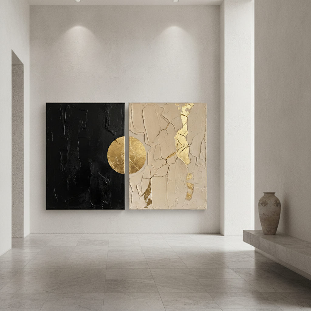 Gold Leaf Black & Beige Diptych Abstract Painting