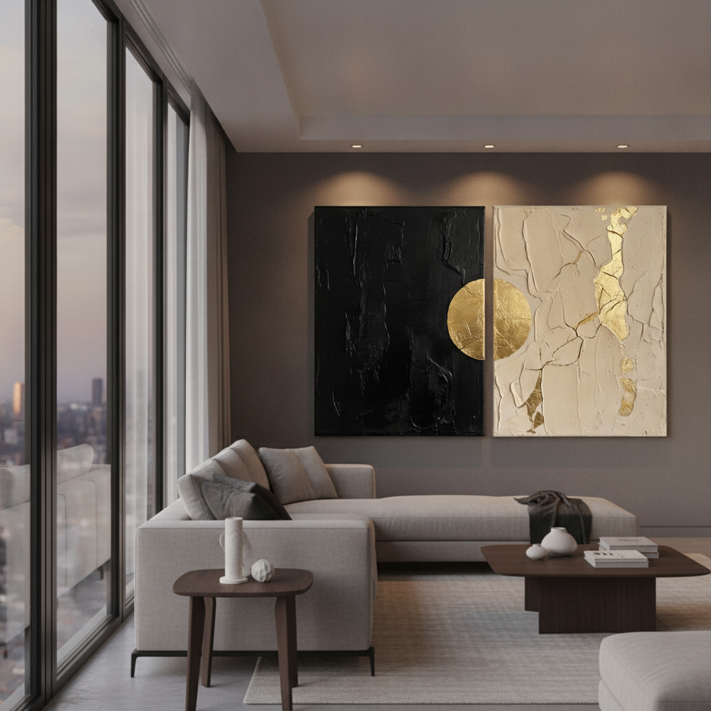 Gold Leaf Black & Beige Diptych Abstract Painting