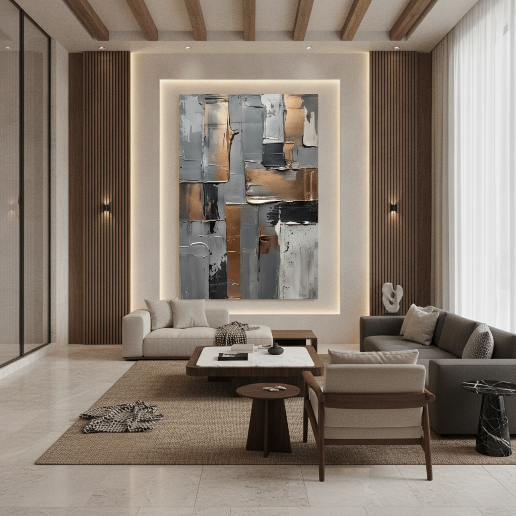 Grey Silver & Bronze Metallic Abstract Painting