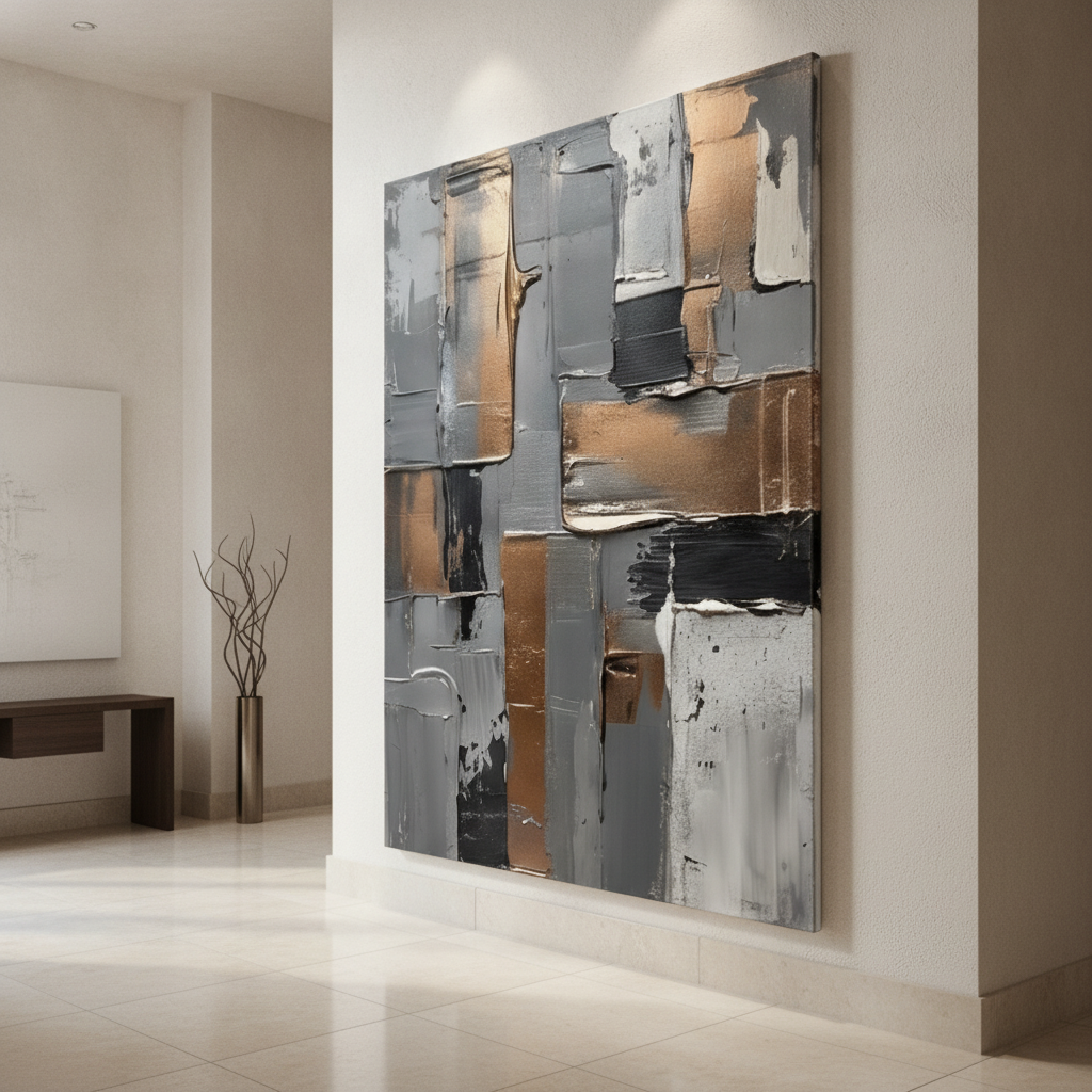 Grey Silver & Bronze Metallic Abstract Painting