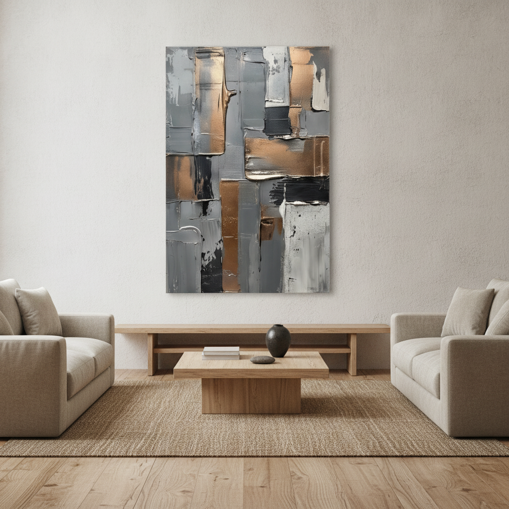 Grey Silver & Bronze Metallic Abstract Painting
