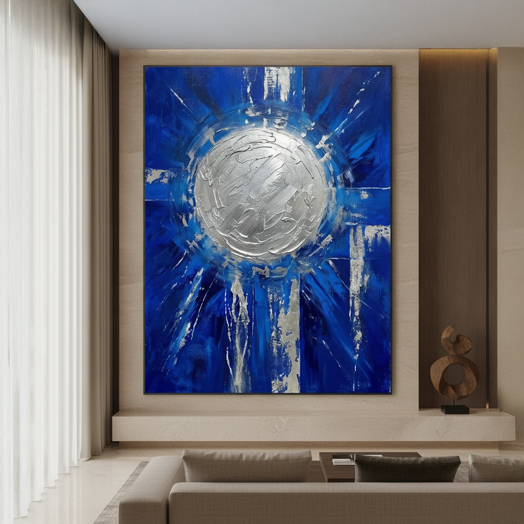 Deep Blue & Silver Radiant Circle Abstract Painting