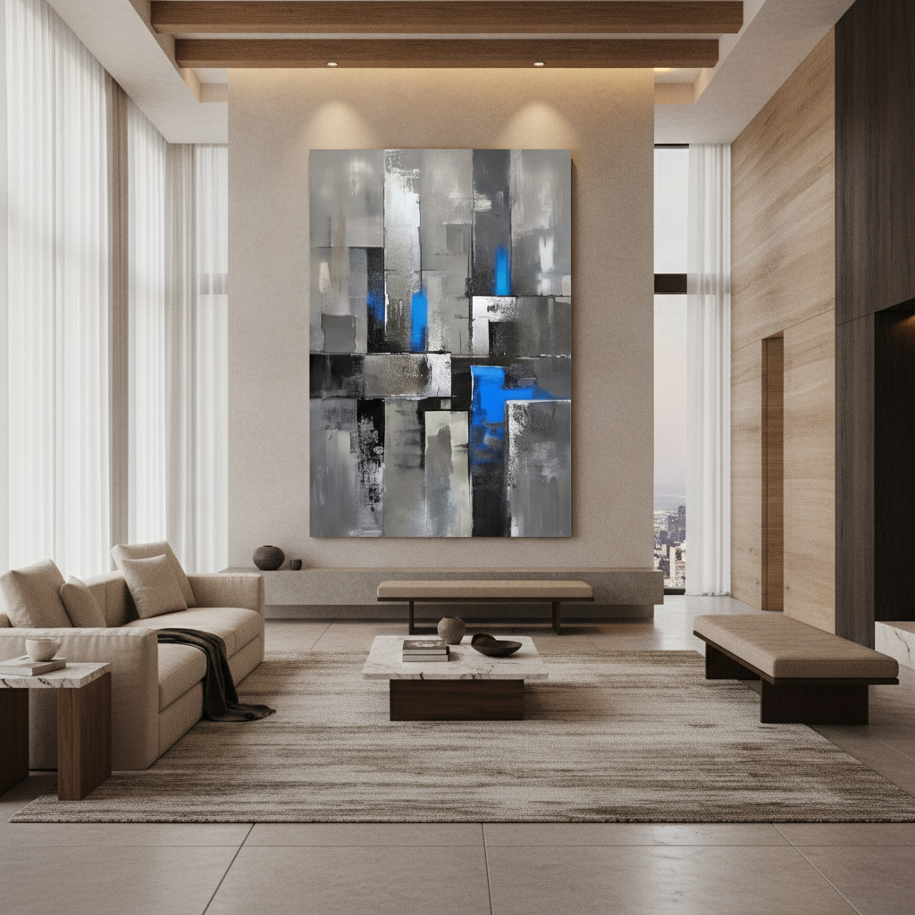 Grey Black & Electric Blue Abstract Painting