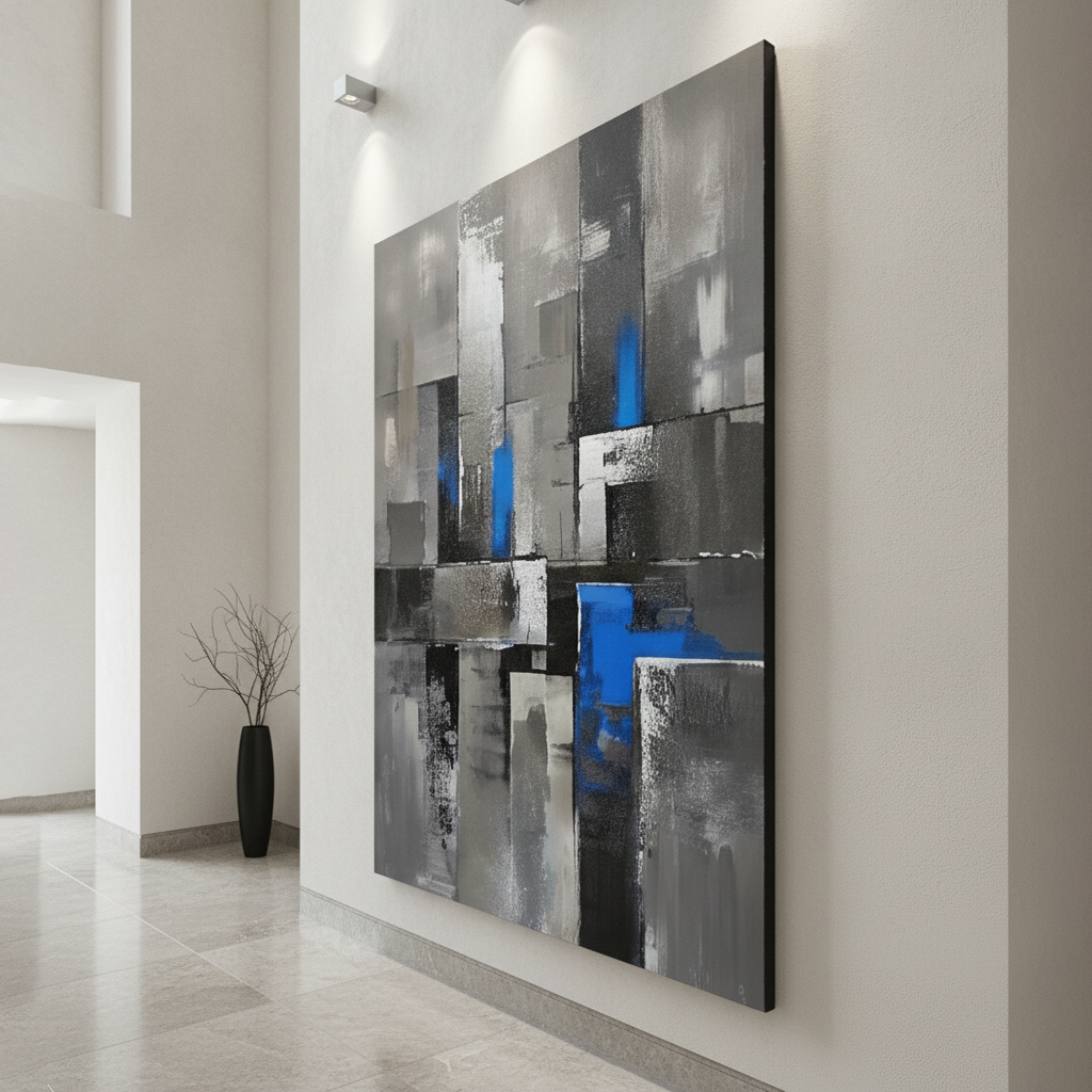 Grey Black & Electric Blue Abstract Painting