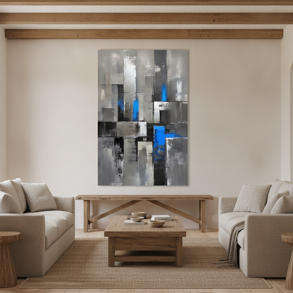 Grey Black & Electric Blue Abstract Painting