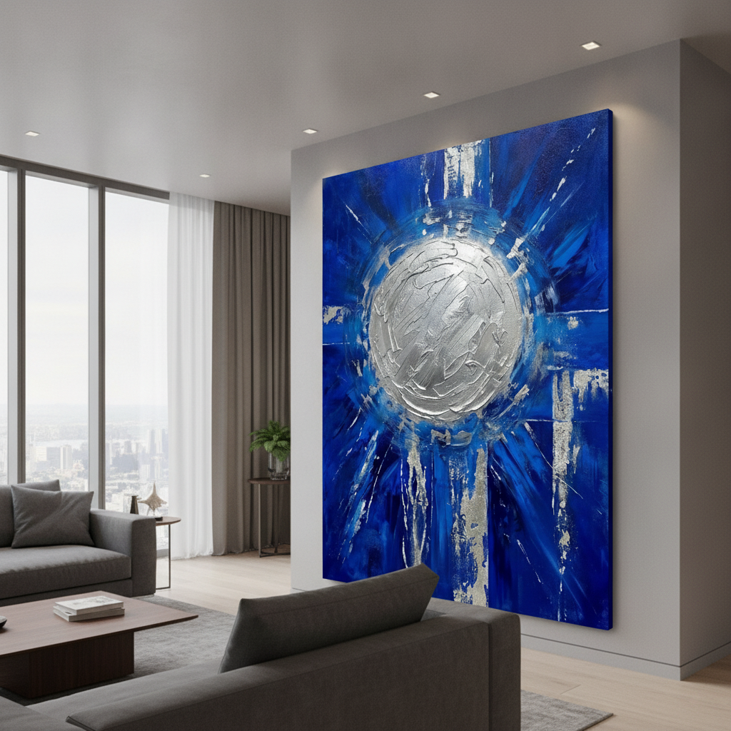 Deep Blue & Silver Radiant Circle Abstract Painting