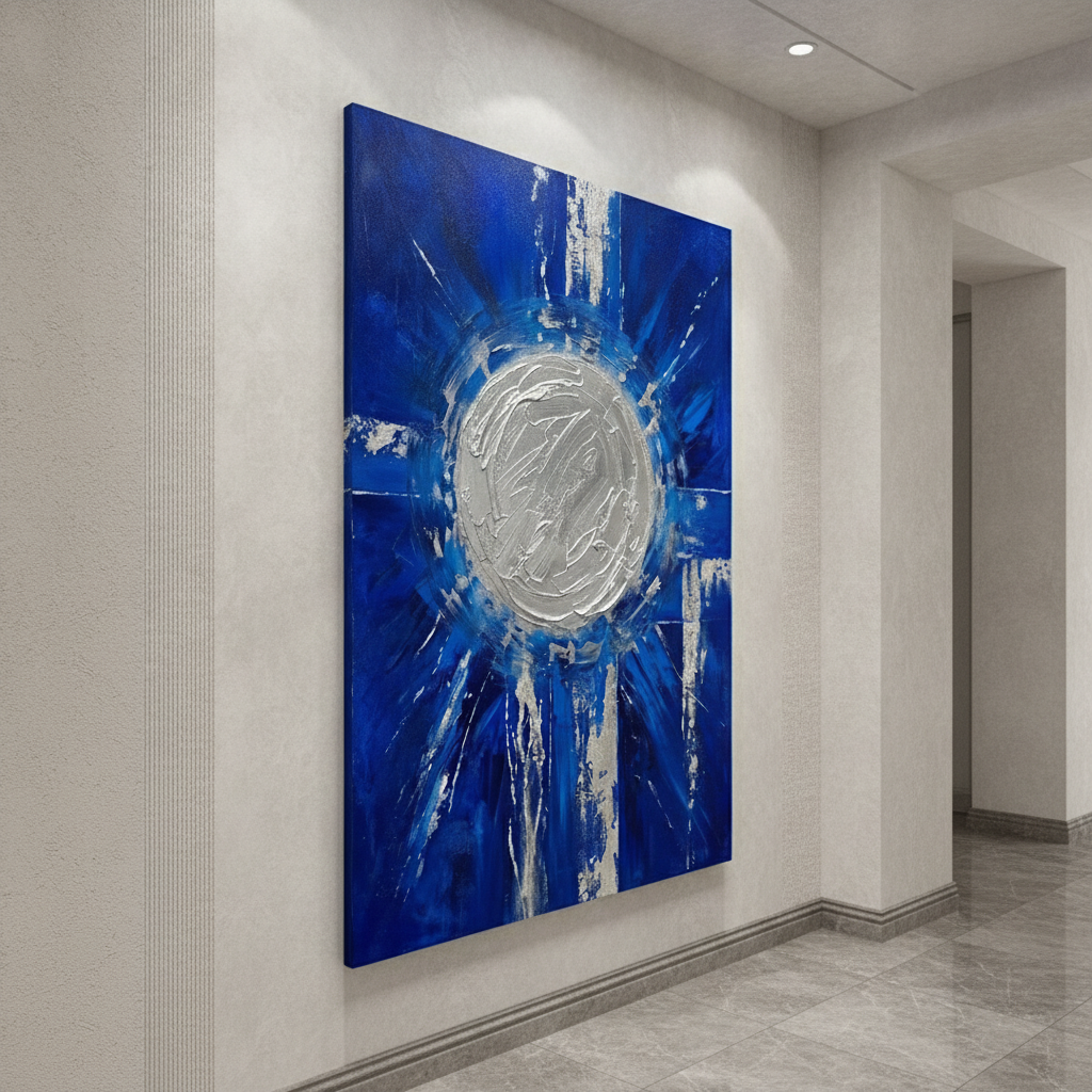 Deep Blue & Silver Radiant Circle Abstract Painting