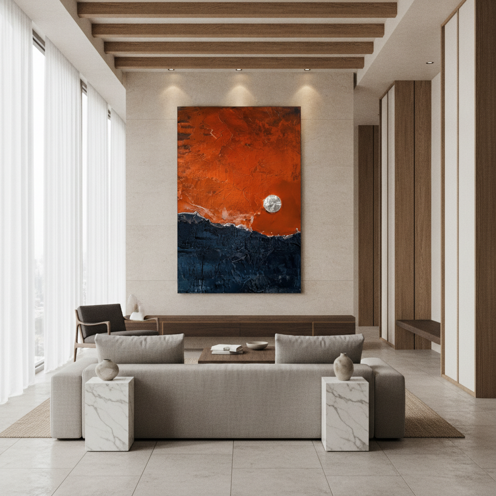 Burnt Orange & Navy Abstract Horizon Painting