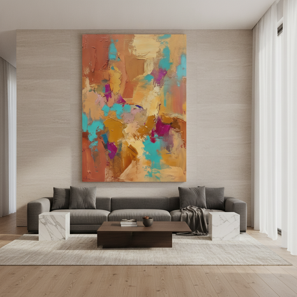 Terracotta Teal & Purple Colourful Abstract Painting