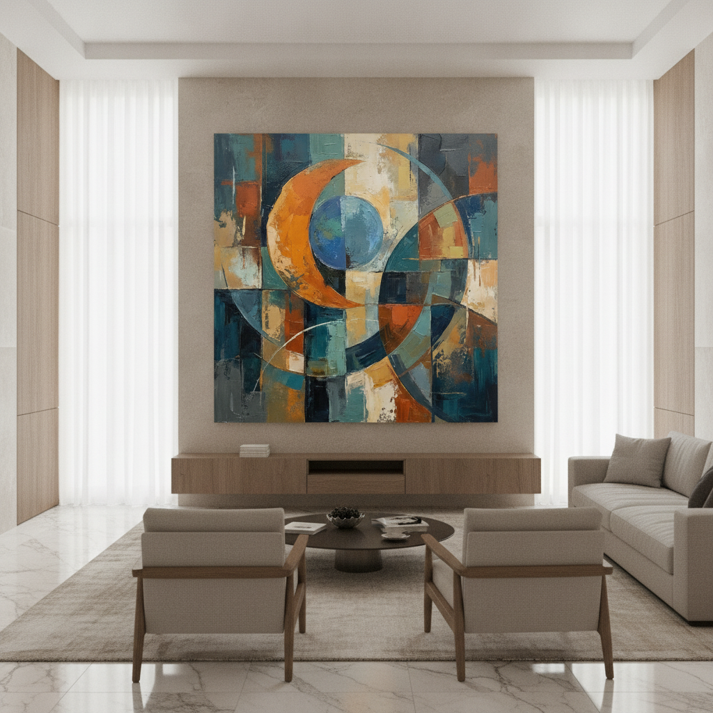 Teal Orange & Blue Cubist Circle Abstract Painting