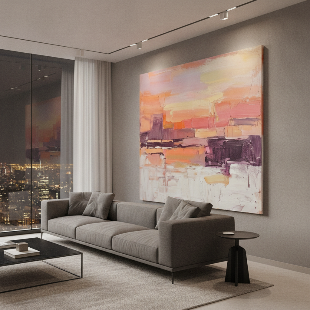 Pink Peach & Lavender Abstract Sunset Painting