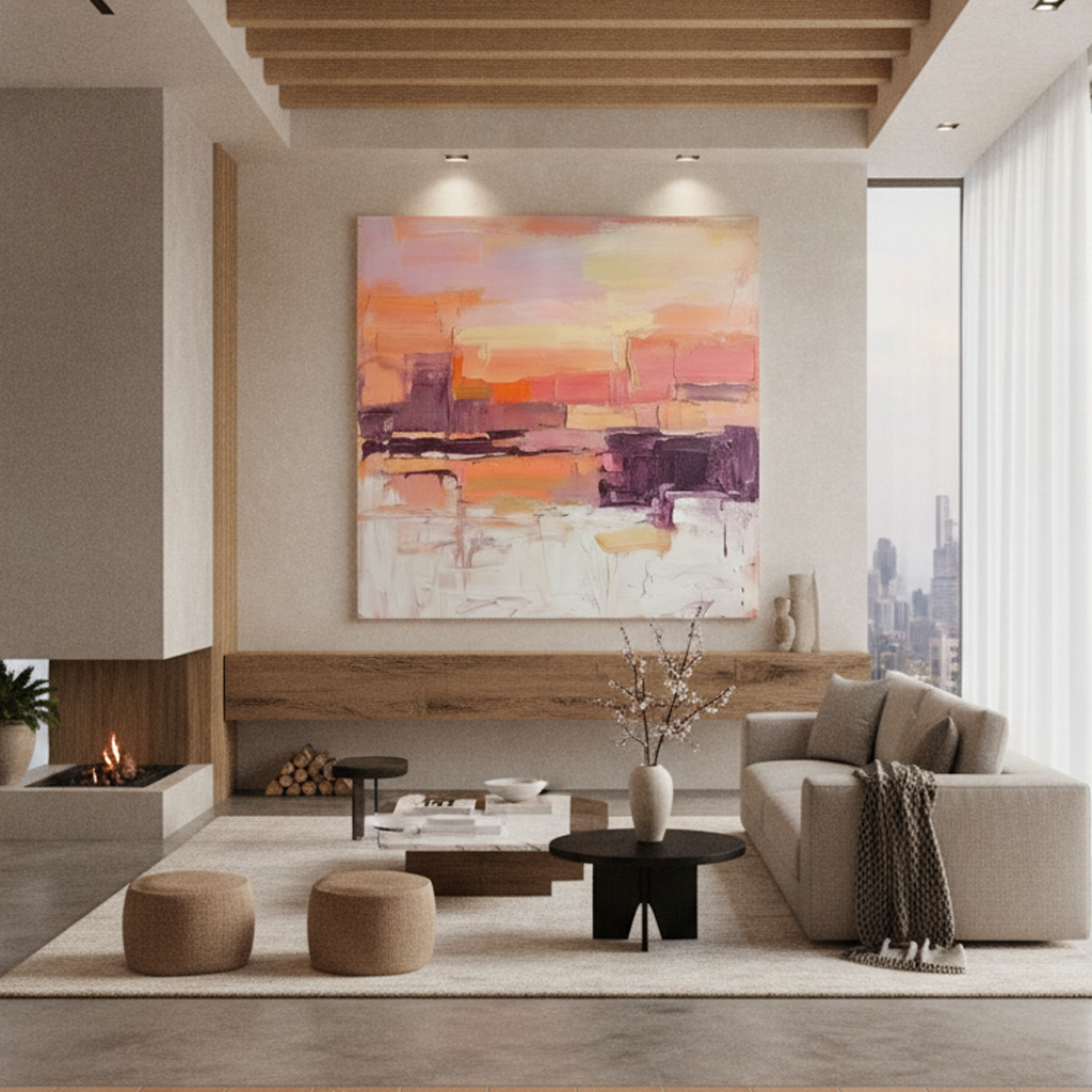 Pink Peach & Lavender Abstract Sunset Painting