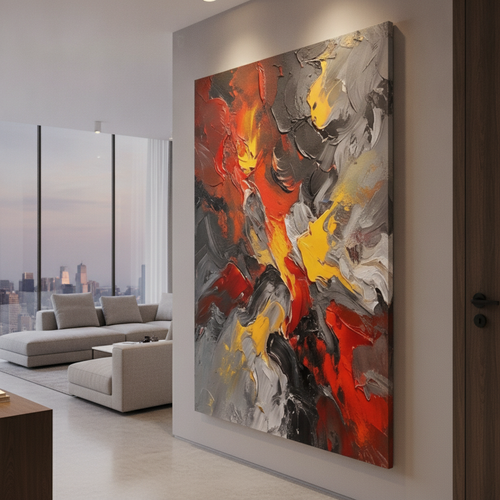 Red Yellow & Grey Abstract Fire Painting