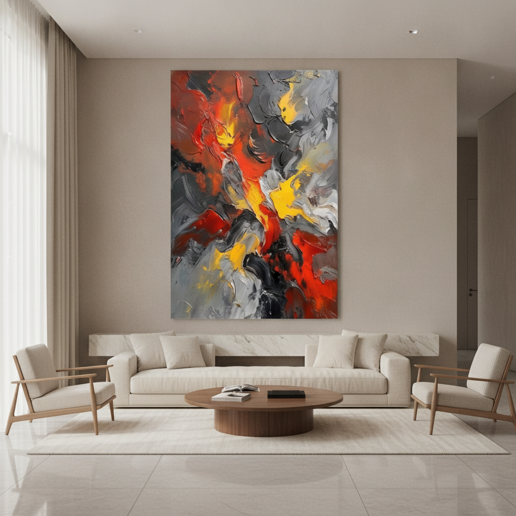 Red Yellow & Grey Abstract Fire Painting