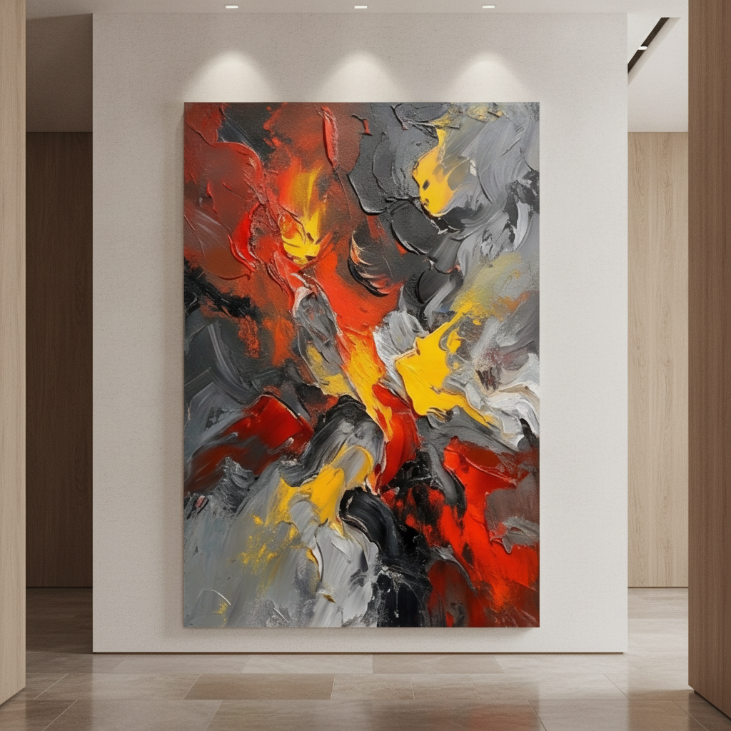 Red Yellow & Grey Abstract Fire Painting