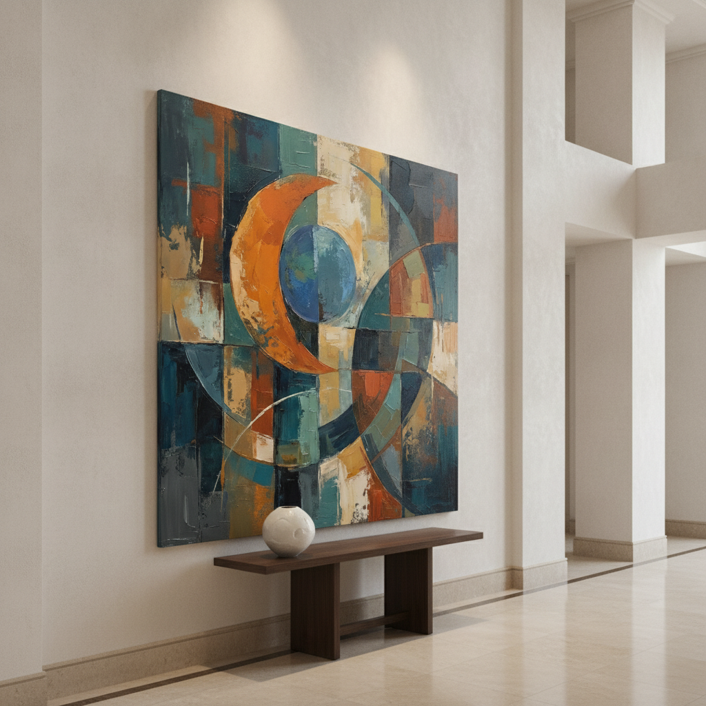 Teal Orange & Blue Cubist Circle Abstract Painting