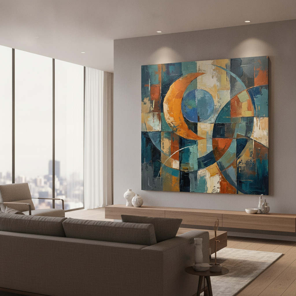 Teal Orange & Blue Cubist Circle Abstract Painting