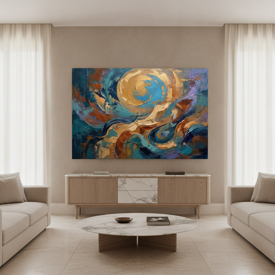 Teal Gold & Copper Spiral Sun Abstract Painting