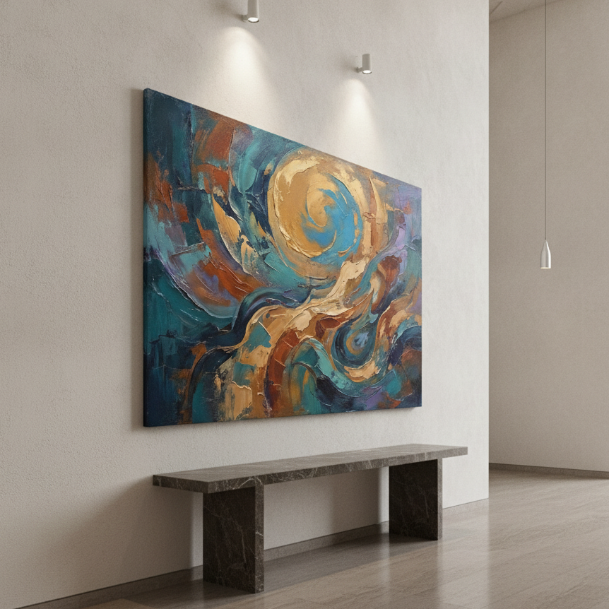 Teal Gold & Copper Spiral Sun Abstract Painting
