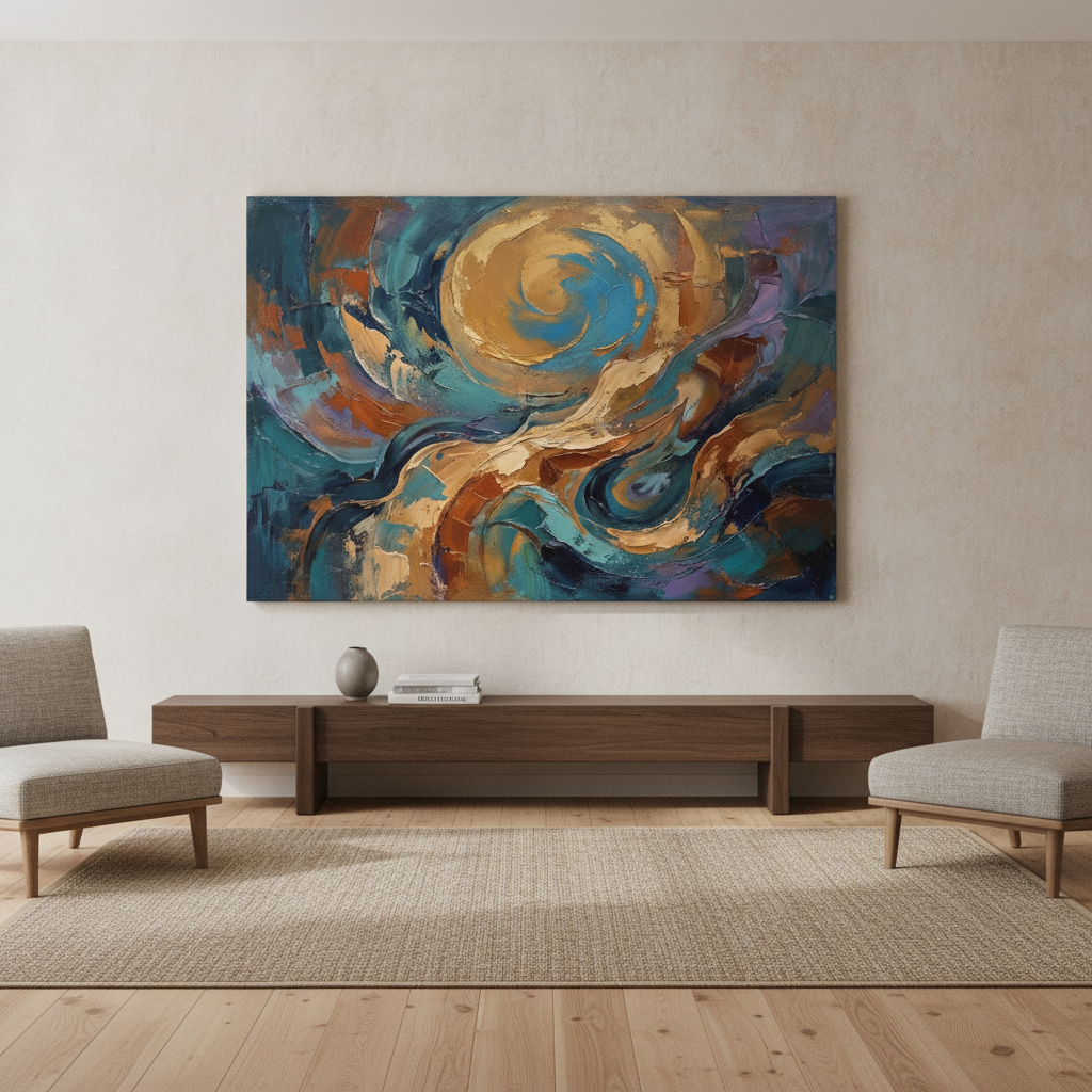 Teal Gold & Copper Spiral Sun Abstract Painting