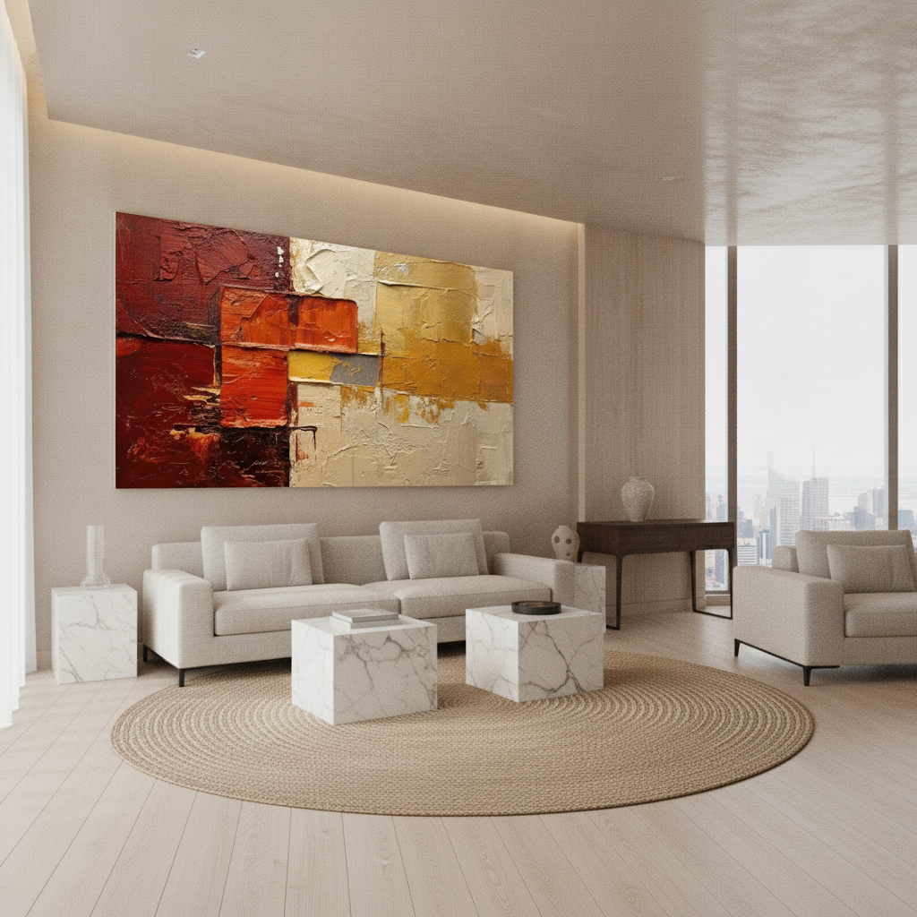 Red Burgundy & Gold Abstract Block Painting