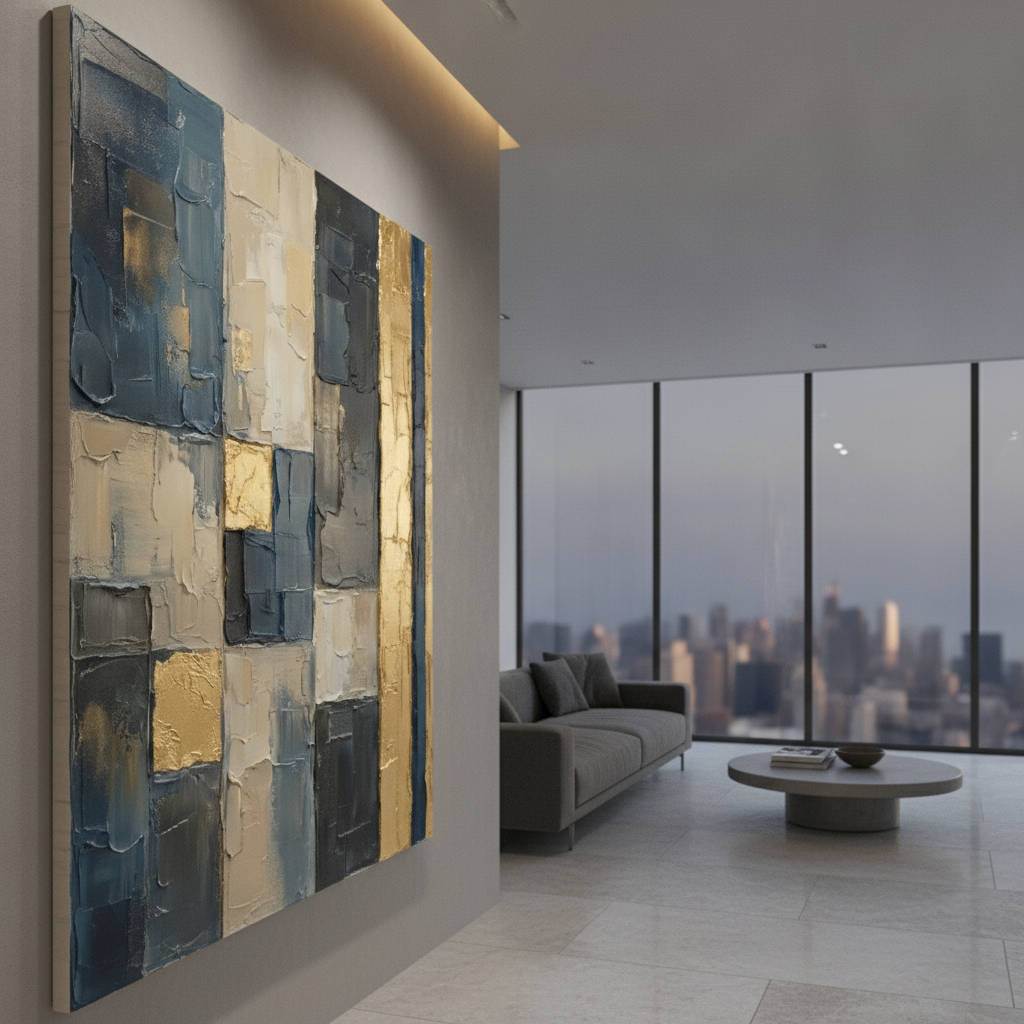 Navy Blue Gold & White Textured Grid Abstract Painting