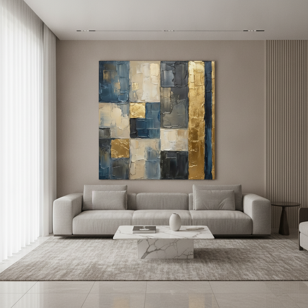Navy Blue Gold & White Textured Grid Abstract Painting