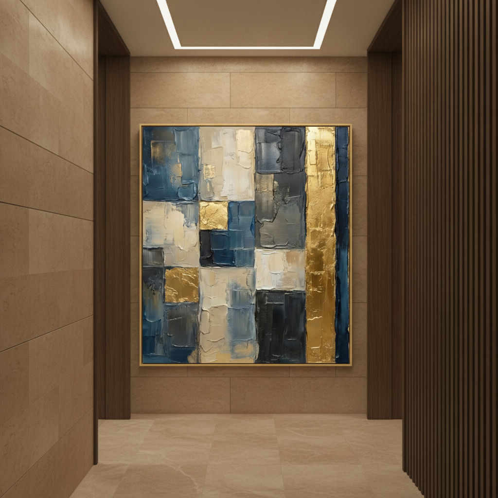 Navy Blue Gold & White Textured Grid Abstract Painting