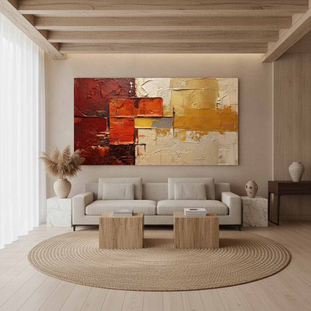Red Burgundy & Gold Abstract Block Painting