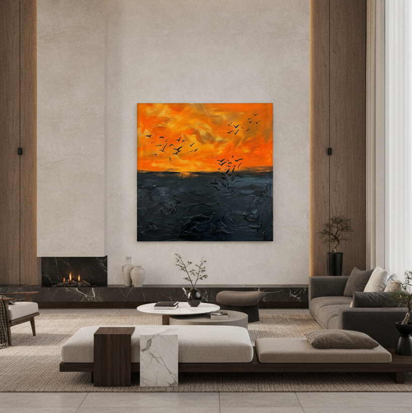 Orange Sunset & Black Sea Abstract Painting