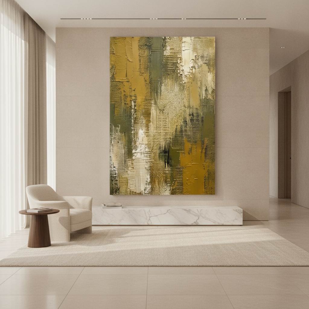Olive Gold & Khaki Vertical Textured Abstract Painting