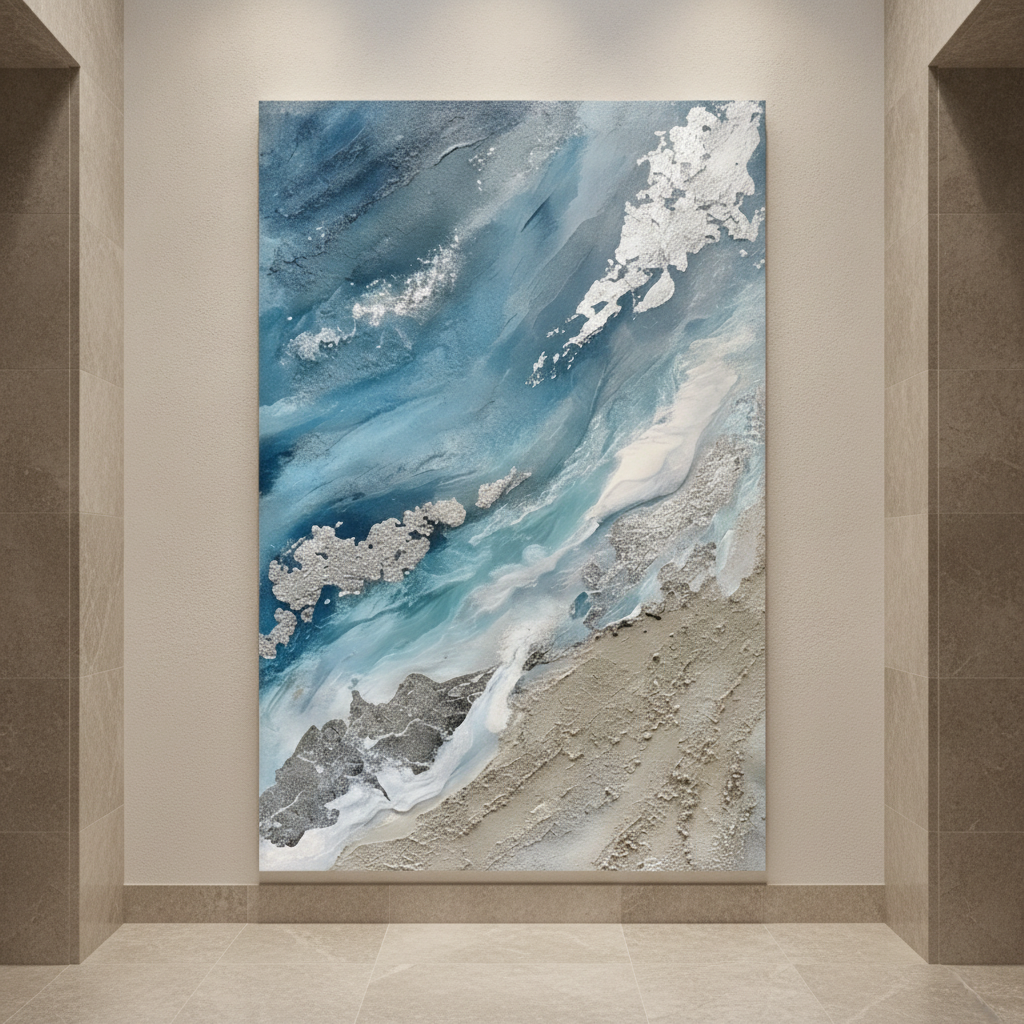 Teal Blue & Silver Abstract Coastal Painting