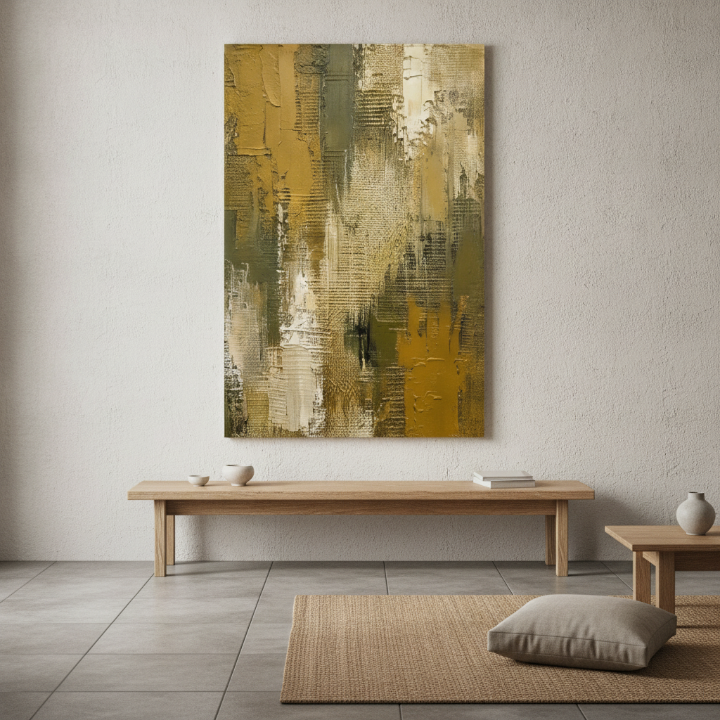 Olive Gold & Khaki Vertical Textured Abstract Painting
