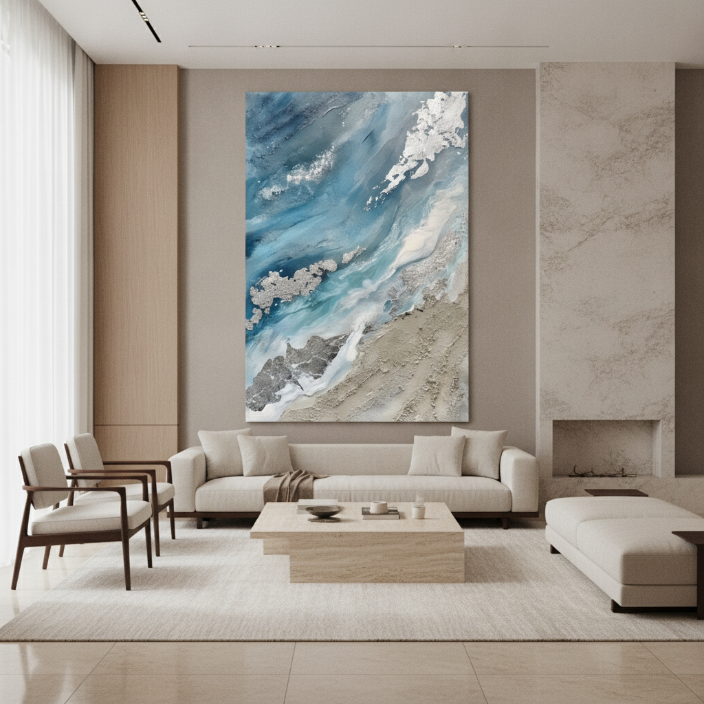 Teal Blue & Silver Abstract Coastal Painting