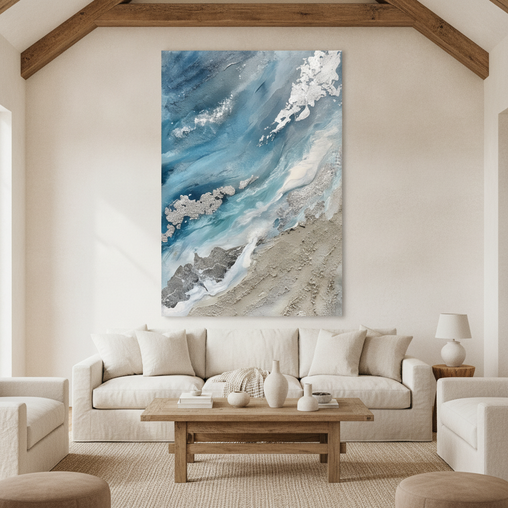 Teal Blue & Silver Abstract Coastal Painting