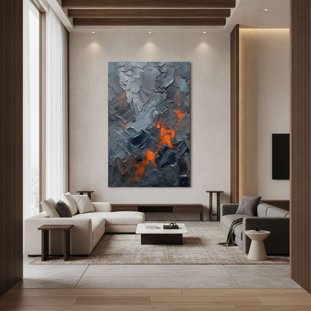 Dark Grey & Orange Lava Abstract Painting