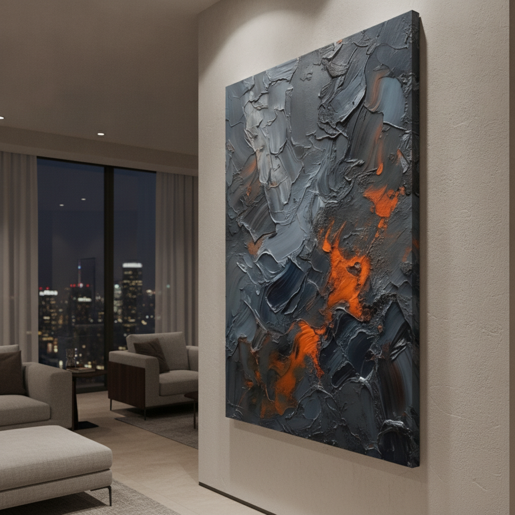 Dark Grey & Orange Lava Abstract Painting