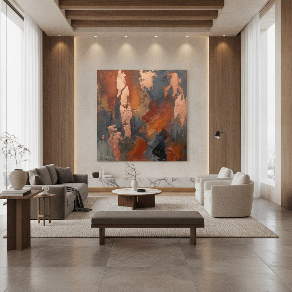 Copper Rose Gold & Grey Abstract Painting