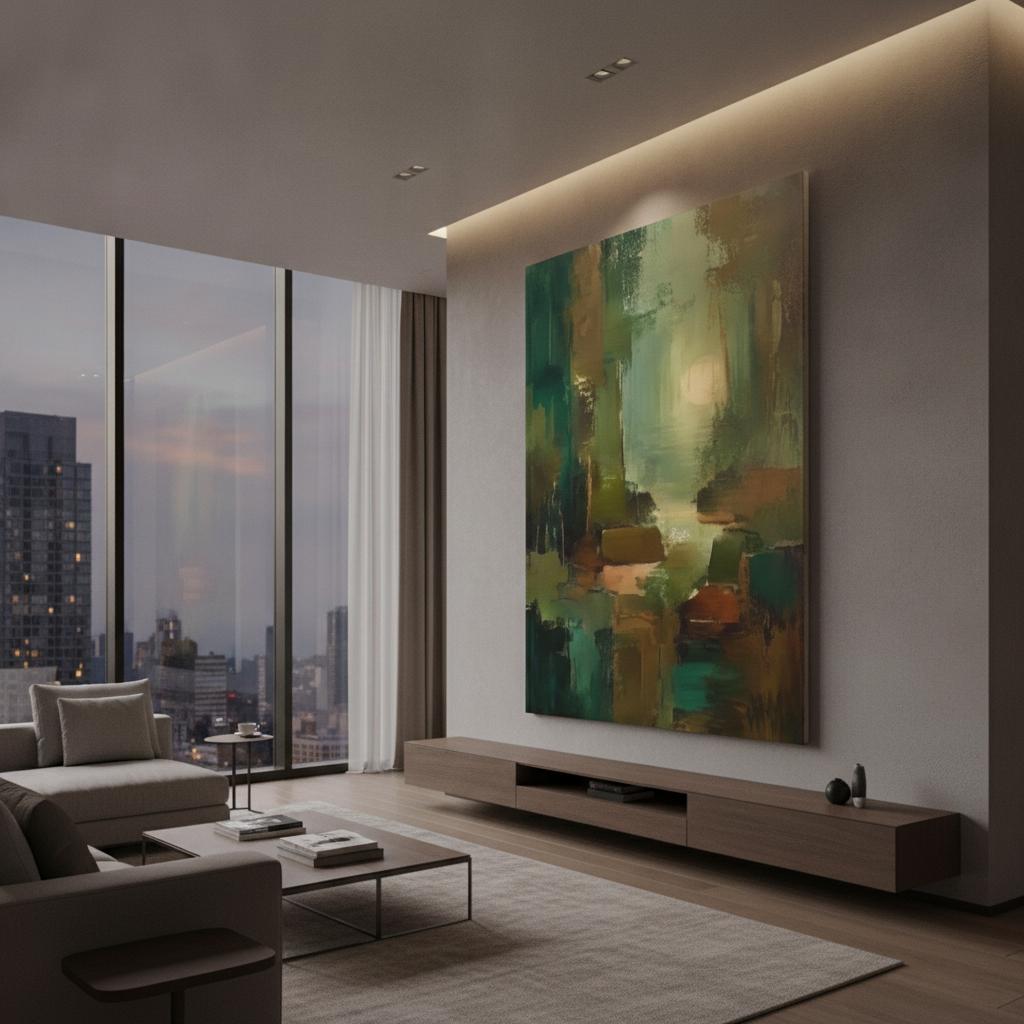 Teal Green & Brown Misty Abstract Painting