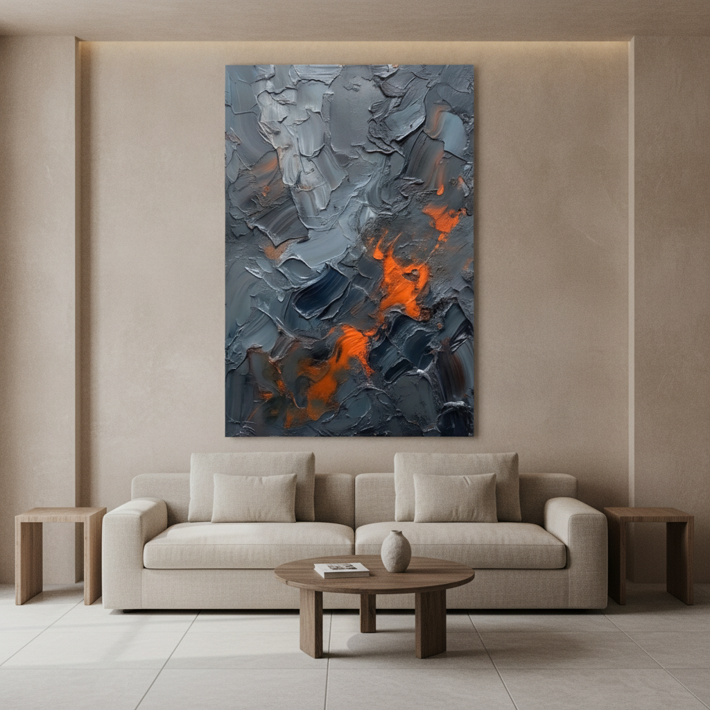 Dark Grey & Orange Lava Abstract Painting