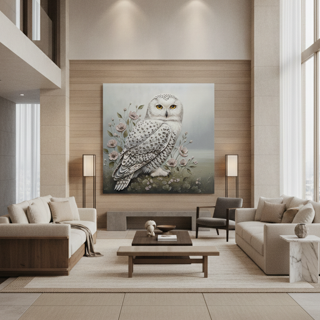 Snowy Owl Floral Painting