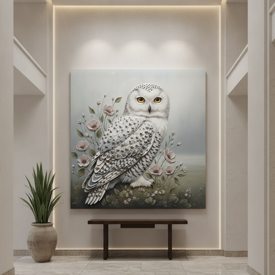 Snowy Owl Floral Painting