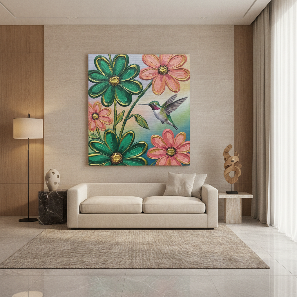 Hummingbird Daisy Garden Painting