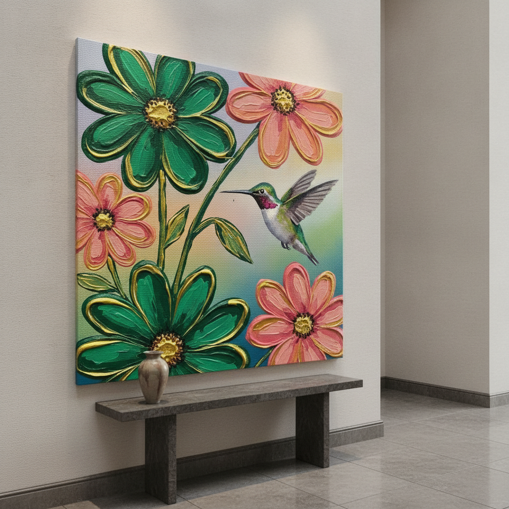 Hummingbird Daisy Garden Painting