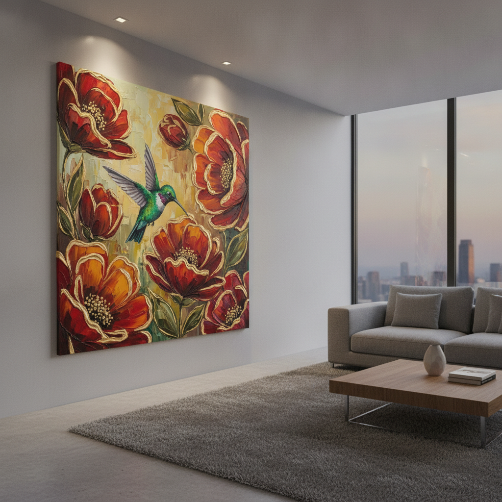 Hummingbird Red Poppy Painting