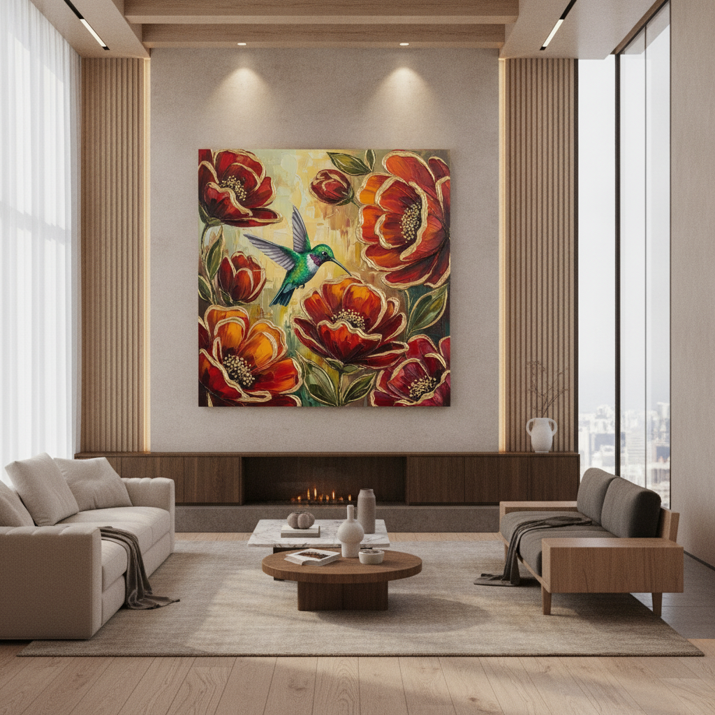 Hummingbird Red Poppy Painting