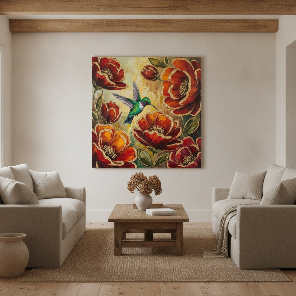 Hummingbird Red Poppy Painting
