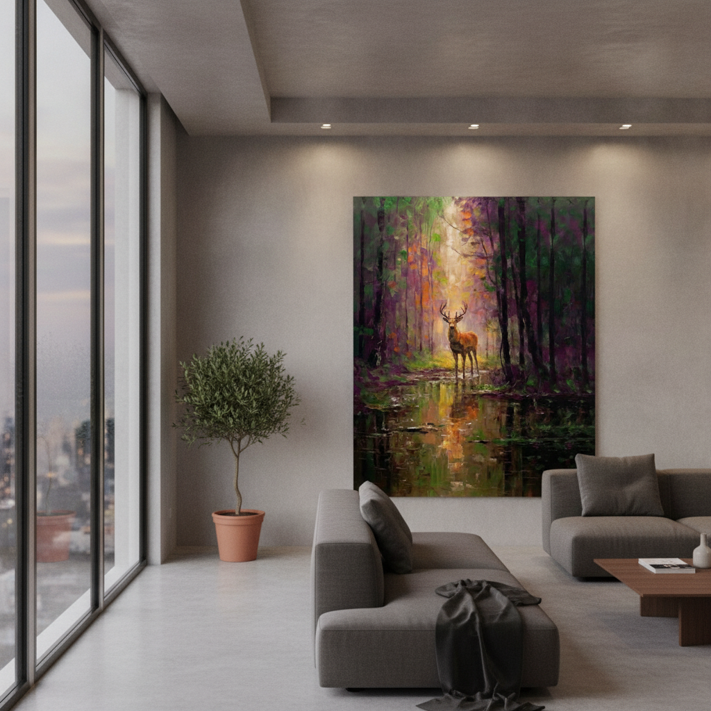 Deer Forest Reflection Painting