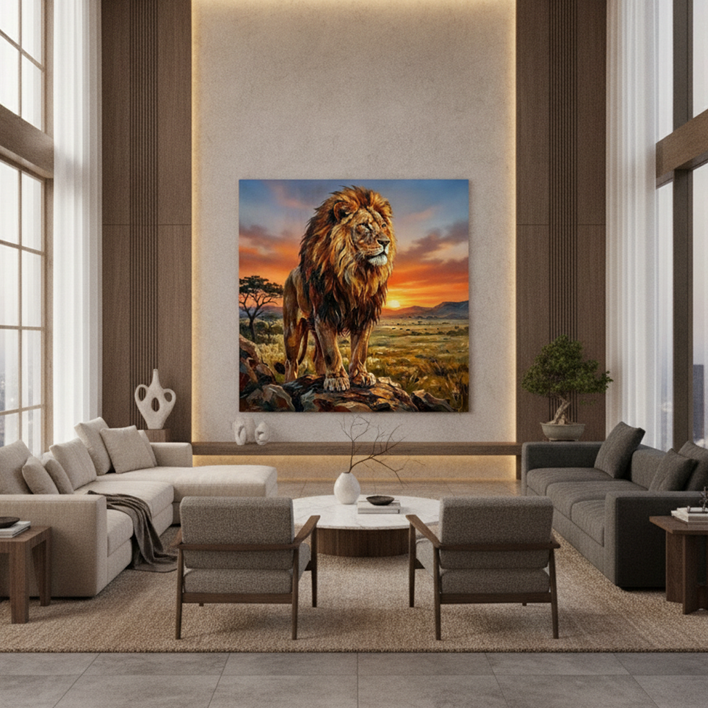 Lion Sunset Savanna Painting