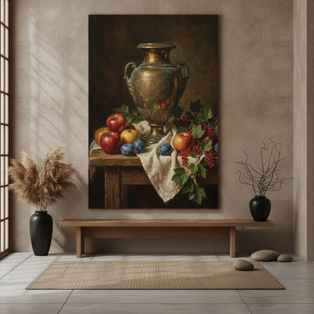 Ornate Brass Urn with Apples & Plums